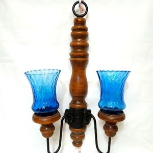 Vintage Wood and Metal 2 Candle Wall Sconce with Blue Glass Candle Jars.